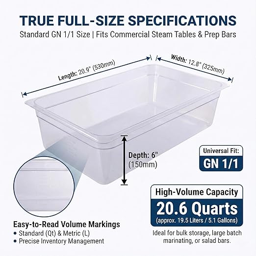 6-Pack 6-Inch Deep Clear Polycarbonate Food Pans - Full Size Commercial Hotel Pans (20.9 x 12.8) 20.6 Qt Capacity NSF Certified for Restaurants Hotels &amp Catering