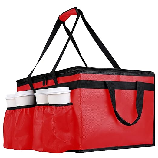 musbus Insulated Food Delivery Bag with Cup Holders/Drink Carriers Premium XXL Great for Beverages Grocery Pizza Commercial Quality Hot and Cold Red-bt 23W * 14D* 15H cup sleeve insulation