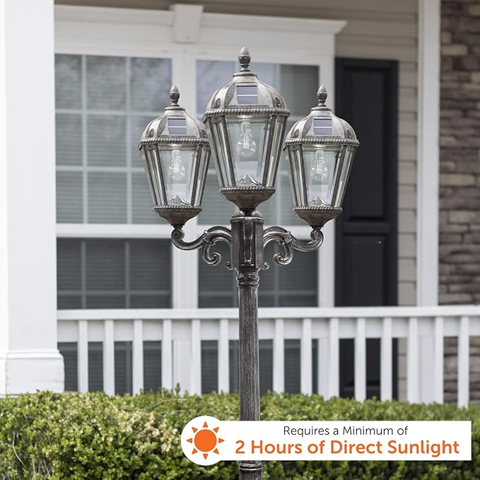 Gama Sonic Royal Bulb Solar Lamp Post Light Kit 89 inch Tall Outdoor Triple Head Weathered Bronze Cast Aluminum Rain Water Glass Light Pole Warm White 2700K 98B303 (Upgraded Panel)