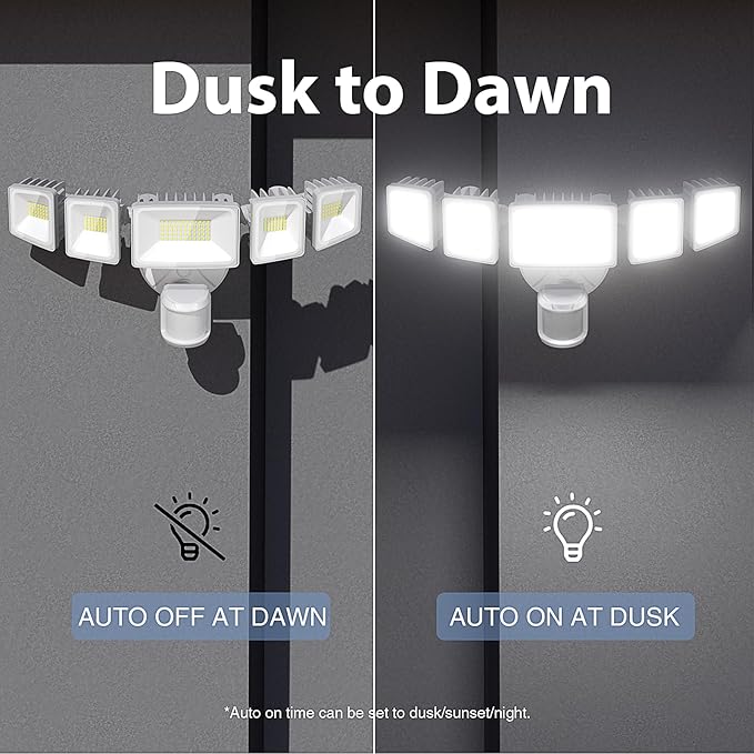 Onforu 120W 12000LM LED Security Lights Motion Sensor Outdoor Dusk to Dawn Flood Lighting 5 Heads 360° Wide Angle Illumination 6500K IP65 Waterproof Hardwired Floodlight Motion Detection (White)