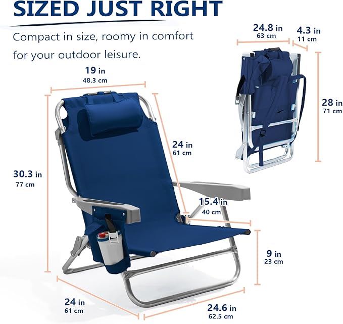 5-Position Aluminum Lay Flat Backpack Beach Chair 2 Pack Compact Portable Low Beach Chairs for Adults Beach Chair with Cooler Pouch Storage Pouch Towel Bar Cup Holder Navy