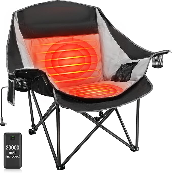 Suteck Heated Camping Chair with 20000mAh Battery Oversized Heated Chairs W/3 Heat Levels &amp 2 Heating Zones Portable Heated Folding Chair Use for Outdoor Sports Camping Lawn