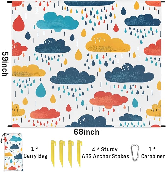 Waterproof Sandproof Beach Blanket 59''×68'' Rainbow Clouds Polyester Outdoor Picnic Blanket with 4 Stakes &amp Storage Bag for BeachCampingVacation Multi-Color