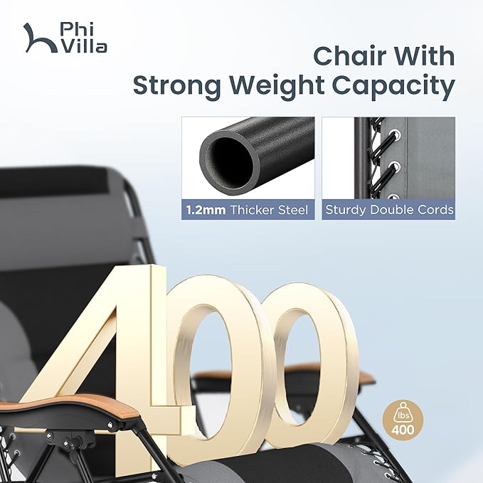 PHI VILLA XXL Oversized Padded Zero Gravity Chair Set of 2 Foldable Patio Recliner 30 Wide Seat Anti Gravity Lounger with Armrest and Cup Holder Support 400 LBS (Grey)