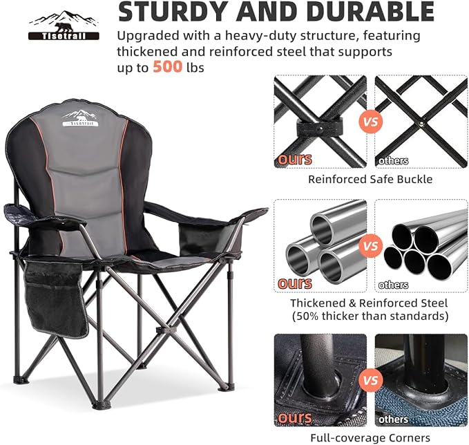 Oversized Camping Chairs with Cooler Bag &amp Cup Holder - Set of 4 Heavy-Duty 500lbs Folding Chairs (Steel Frame Padded Seat Black &amp Gray)
