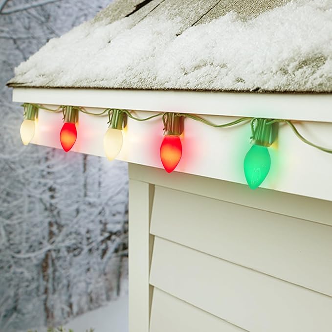 C7 LED Christmas String Lights 25FT Vintage Multicolor Lights with 27 Red/Green/White Ceramic LED Bulbs Outdoor String Lights for Christmas Tree Party Backyard - Green Wire