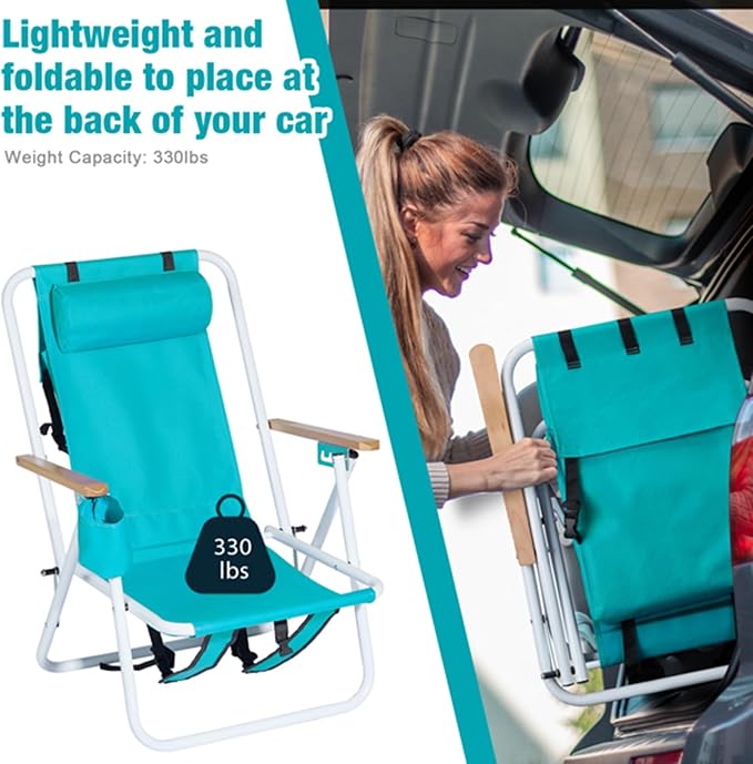Beach Chairs for Adults 2 PackPortable Folding Backpack Beach Chair with Headrest Cup Holder and Wooden ArmrestsCup Holder for Outdoor/Lawn/PicnicFoldable Camping Chair (Green-2Set)