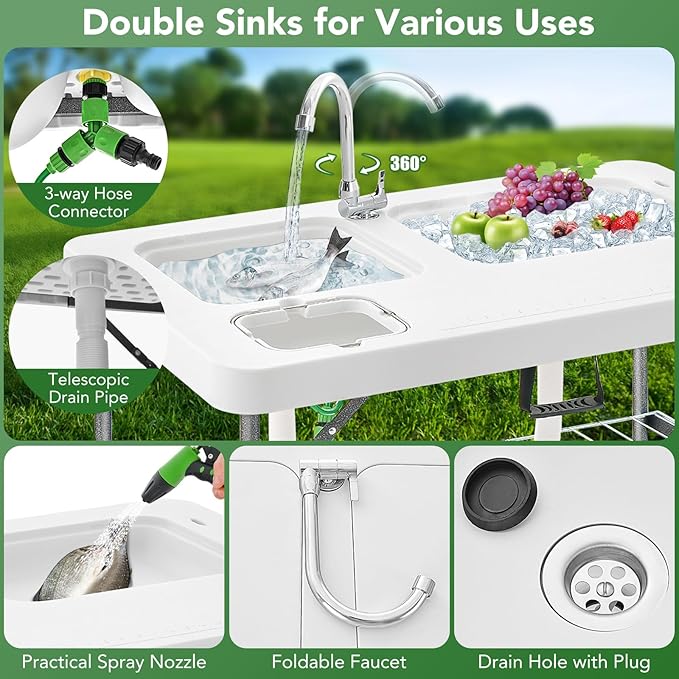 GYMAX Fish Cleaning Table with 2 Sinks Folding Fish Fillet Cleaning Station with Faucet Drainage Hoses &amp Sprayer Portable Camping Table with Storage for Fishing Picnic