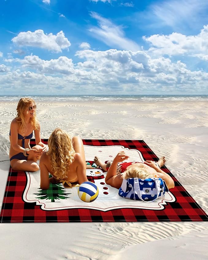 Beach Blanket Waterproof Sandproof OversizedCute Snowman with Scarf Hat Christmas Tree Beach Mat with Corner Stakes Sand PocketsWinter Snowflake Red Buffalo Plaid Picnic Mat for Travel 95x80In