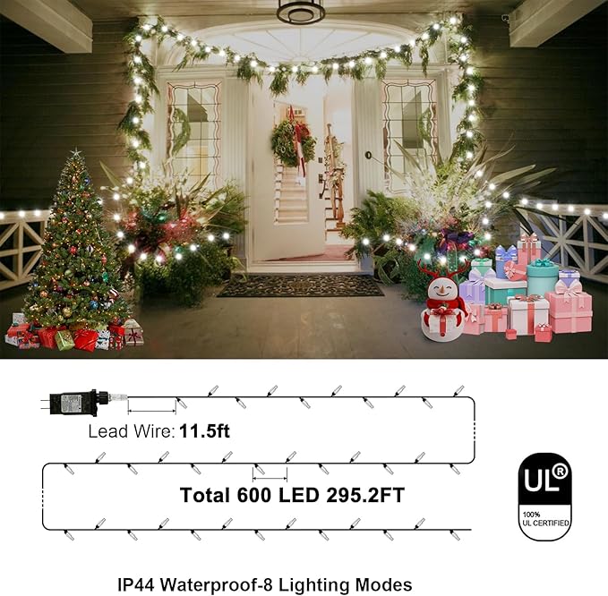 Outdoor Fairy Lights Waterproof Plug in String Lights F8 Upgraded with 8 Modes Timer 98Ft 200 Twinkle LED Outdoor &amp Indoor Decor for Garden/Patio/Yard/Wedding/Holiday Party