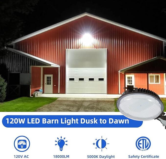 120W LED Barn LightDusk to Dawn Outdoor Lighting with Photocell and Mount arm 5000K Daylight 15600LMIP65 Waterproof Adjustable Angle Outdoor Flood Light for Yard Garage Securtity Area
