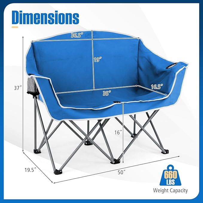 Goplus Double Camping Chair Folding 2-Person Couch w/2 Cup Holders Dual Back Pockets Heavy-Duty Metal Frame Oversized Duo Lawn Chair for Adults Perfect for Backyard Patio(Blue)