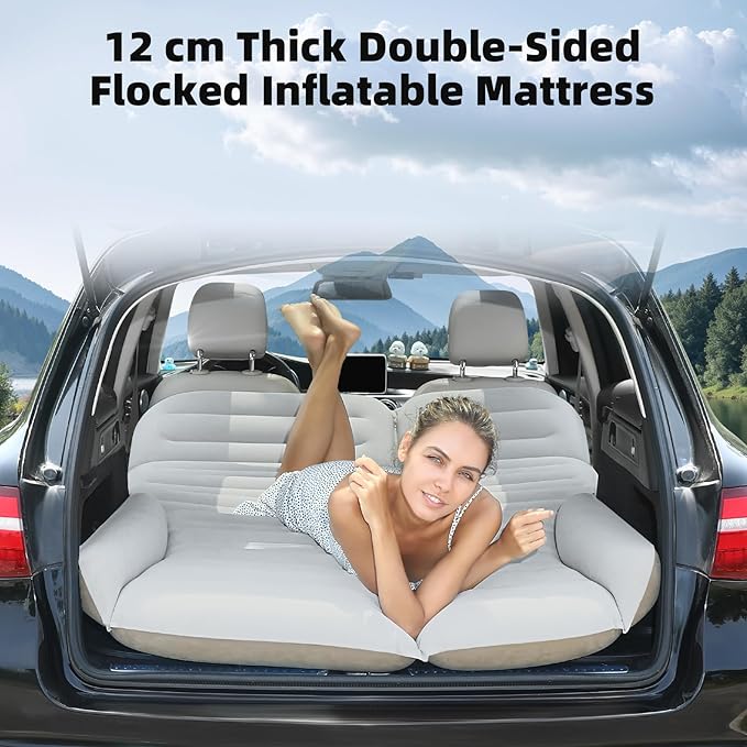 KMZ SUV Air Mattress Double Sided Thickened Flocking Car Bed – Portable Inflatable Mattress Pad for Camping &amp Travel with 2 Pillows &amp Electric Pump (Off-White and Coffee)