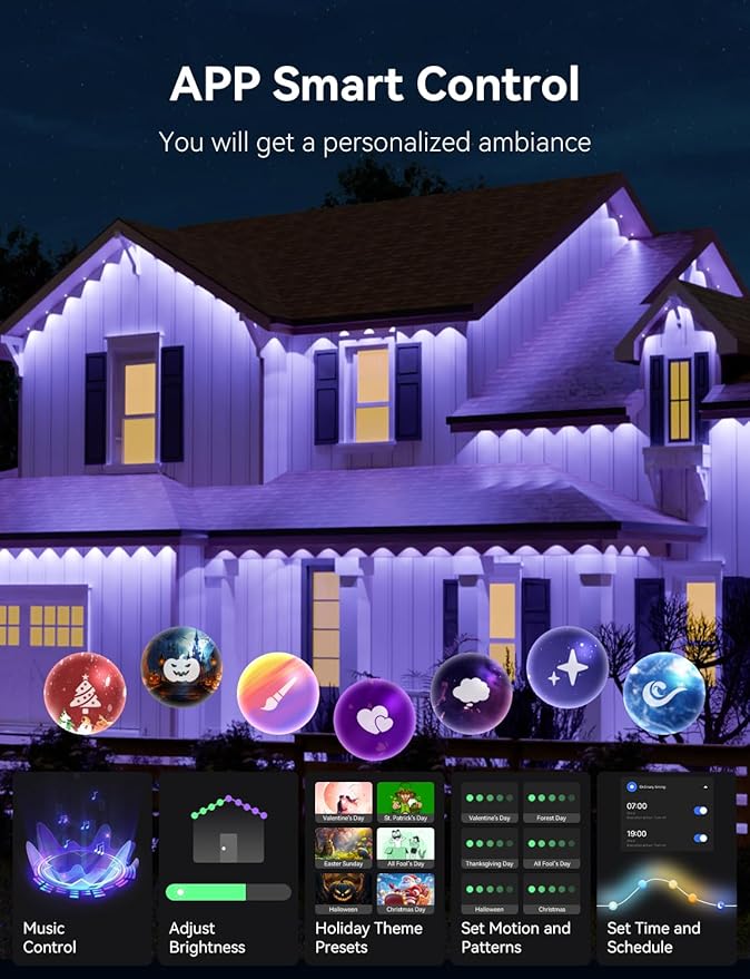 150FT Permanent Outdoor Lights -RGB Eaves Lights with App Control RemoteDIY Scene Modes IP67 Waterproof Outside LED Light for Christmas Holiday Daily House Roof Eternity Lighting