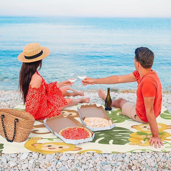 Tropical Cartoon Monkey Beach Blanket - Waterproof and Sand Proof 79 x83 Large Lightweight Picnic Mat Suitable for Beach Camping Hiking Includes 4 Ground Nails&amp1 Storage Bag