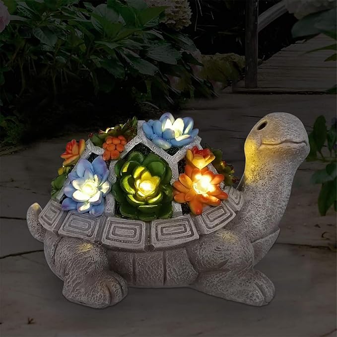 Nacome Solar Garden Outdoor Statues Turtle with Succulent and 7 LED Lights - Lawn Decor Tortoise Statue for Patio Balcony Yard Ornament - Chrismtas Gifts for Mom Grandma