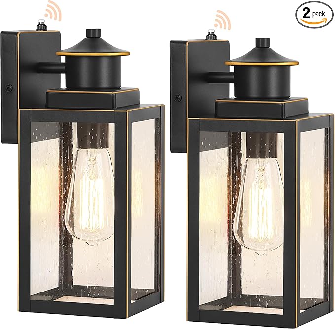 BesLowe 2-Pack Dusk to Dawn Outdoor Wall Lights Modern Porch Lights Outdoor Sconces with Seeded Glass Exterior Lighting Fixtures Outside Lights for House Front Door Garage Black with Gold Trim