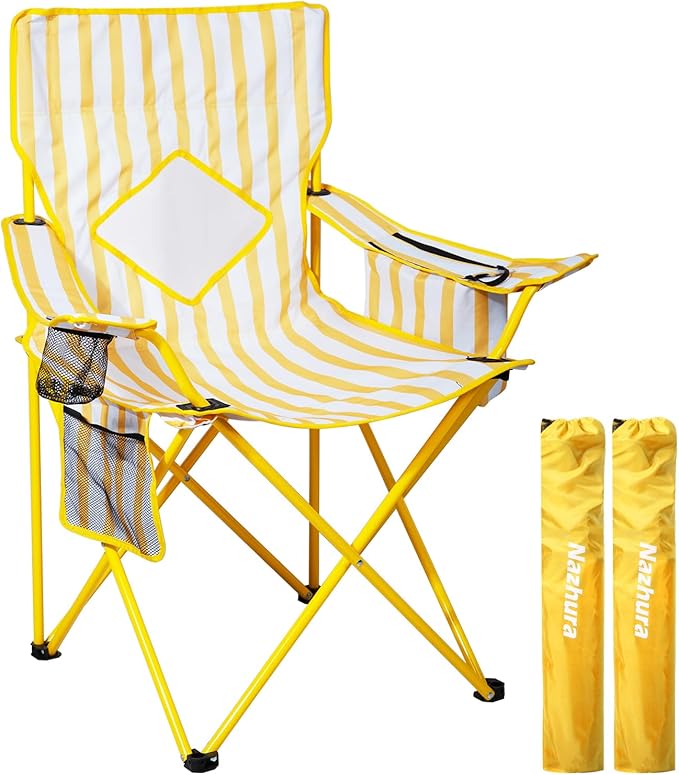 Nazhura 2 Pack Folding Camping Chair with Cooler Pouch Mesh Backrest and Cup Holder Pocket (Yellow 2 Pack)