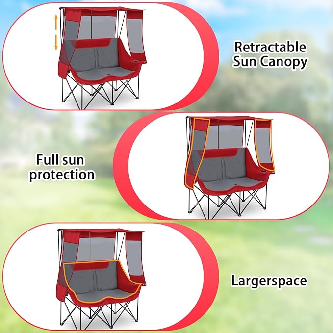 Double Camping Chair with Canopy Shade 660lbs Heavy Duty Beach Chair Portable Folding 2 Person Camping Loveseat with Cup Holder and Storage Bag for Lawn Beach Outdoor Sport(Red and Grey)