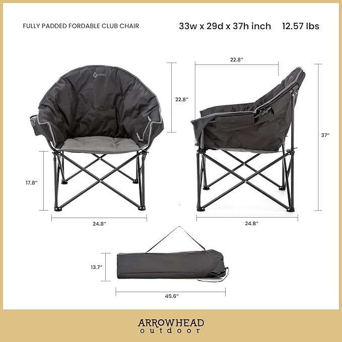 ARROWHEAD OUTDOOR Oversized Heavy-Duty Club Folding Camping Chair with Pocket Cup Holder Portable Padded Moon Round Saucer Supports 330lbs Carrying Bag