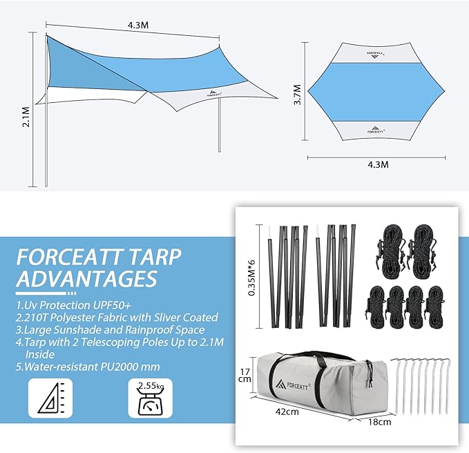 Forceatt 12x14FT Tarp with 2 Poles Waterproof Anti-UV Camping Tarp Car Awning (UPF50+) Lightweight Sun Shelter for Car Tent and Hammock in Hiking Backpacking Garden and Traveling