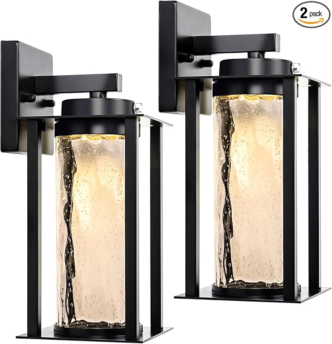 LED Dusk to Dawn Outdoor Light Fixtures - 2 Packs Modern Porch Lighting with Attractive Glass 13W 3000K LED Exterior Sconce Wall Mount with Photocell Sensor for House Front Garage Door Waterproof
