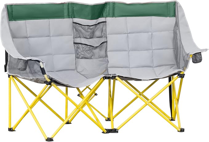 Loveseat Style Camping Chair Oversized Folding Lawn Chair with Carry Bag &amp Cup Holders for Outdoor Beach Picnic Hiking Travel Green &amp Gray