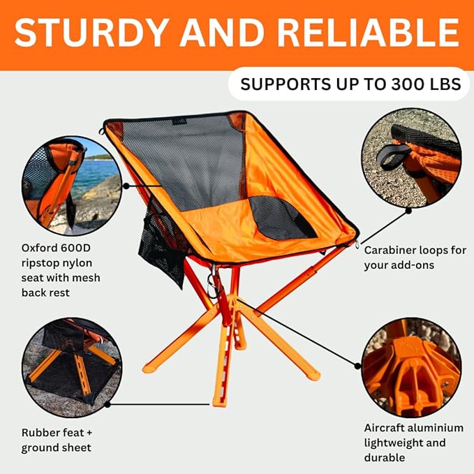 Campster2 Folding Camping Chair – Ultra Lightweight &amp Compact - Backpack Chair - 265 lbs Capacity – Comfortable Folding Chair with Carrying Bag - Ideal for Beach Hiking &amp Outdoor Use Orange