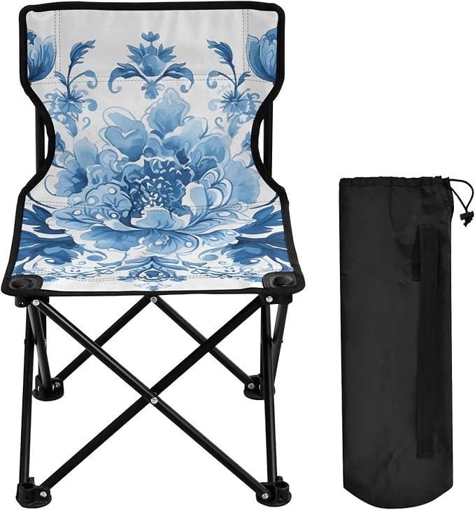 Flowers Blue Portable Camping Chairs Folding Chair - Durable Oxford Fabric Lightweight Iron Frame Easy Fold Design - Ideal for Outdoor Activities Camping Fishing and Travel
