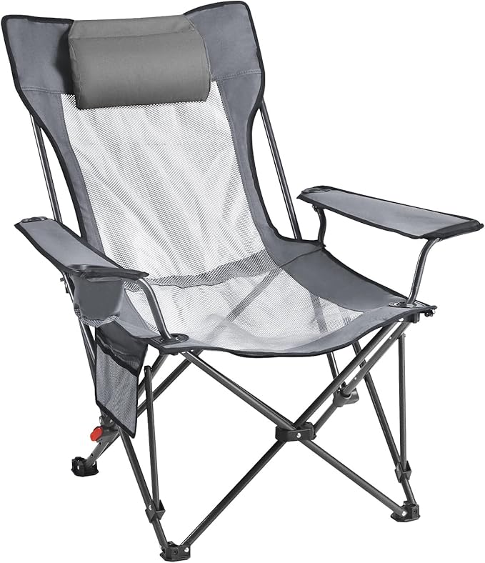 VEVOR Reclining Camping Chair 4 Adjustable Positions Portable Folding Lounger for Adults Mesh Beach Chair with Headrest &amp Foot Rest Supports 220 lbs Heavy Duty Camp Chairs for Patio Gray