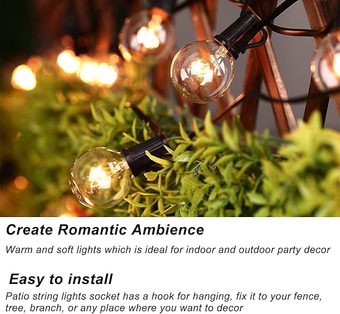 Abeja Outdoor String Light 100 Ft G40 Patio Lights with 105 Edison Glass Bulbs E12 Socket Base (5 Spare) Globe Clear Hanging Lights for Backyard Balcony Deck Party Decor Not Connectable Black