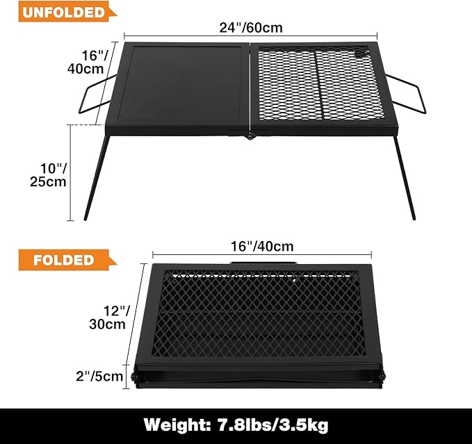 REDCAMP Folding Campfire Grill Heavy Duty Steel Mesh Grate 23.6 Portable Camping Grates Over Fire Pit Campfire Cook Equipment with Legs Carrying Bag Grilling Rack for Outdoor Open Flame Cooking