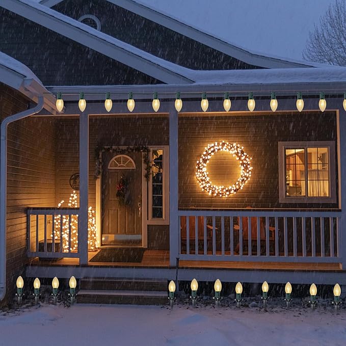 C9 Christmas Pathway String Lights 38Ft Clear Pathway String Lights Outdoor with 25 Clear Bulbs and Stakes Waterproof Walkway Lights for Outside Driveway Sidewalk Outdoor Christmas Decorations
