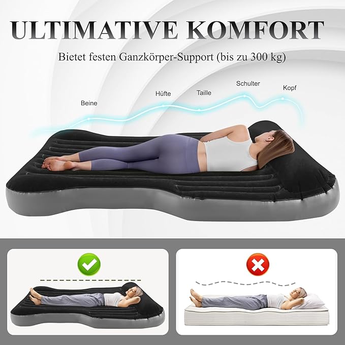 KMZ Inflatable SUV Air Mattress Thickened Flocking with Built-in Pump Self-Inflating Portable Sleeping Travel Bed Pad for SUV Truck Fast Inflation and Deflation (Black)