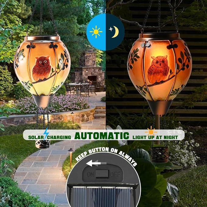 Hot Air Balloon Solar Lantern - Owl Stained Glass Lantern Simulated Flickering &amp Dancing Flame Outdoor Hanging Yard Light Waterproof IP65 for Patio Lawn Porch Decor Gift