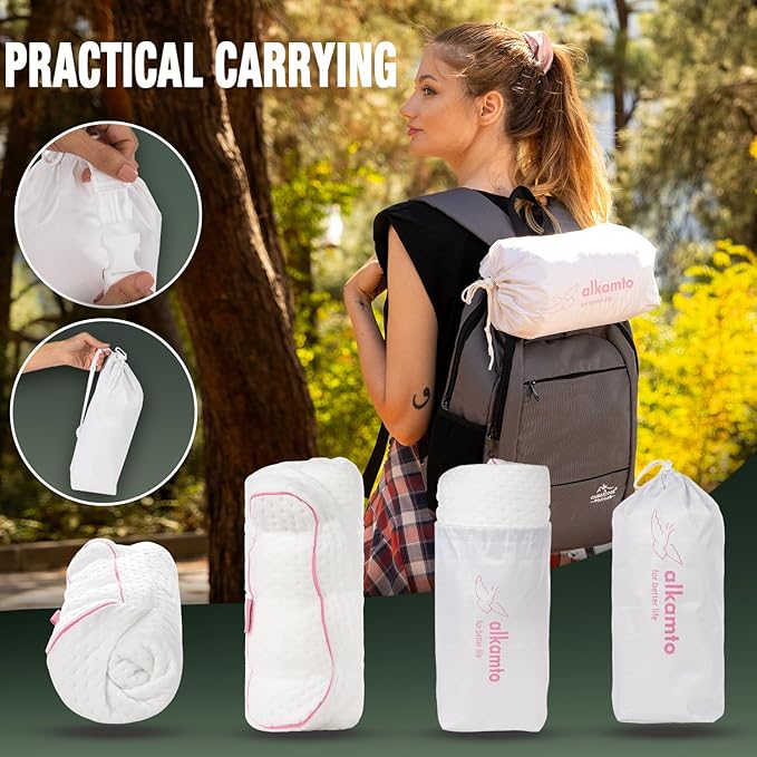 alkamto Travel &amp Camping Comfortable Memory Foam Pillow – Easy to Carry Portable Bag – Temperature Regulating Pillow Case (Pink Contour + Extra Cover)