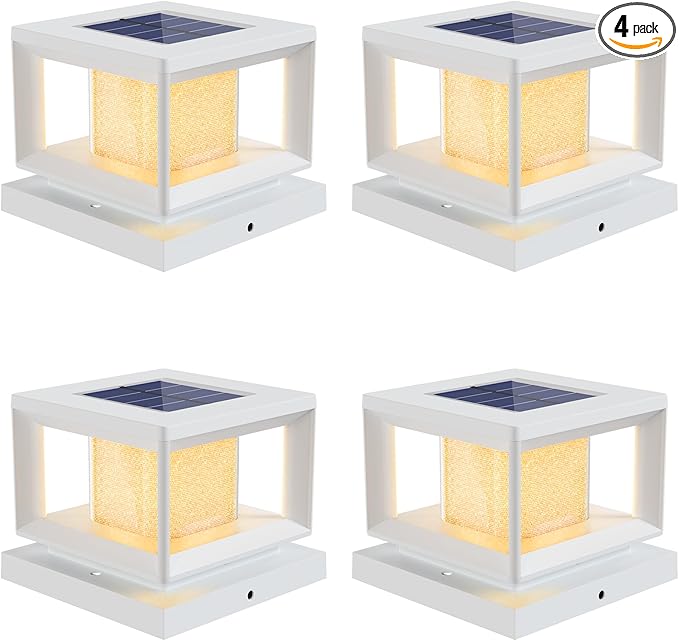 Mlambert 4 Pack Solar Post Lights Outdoor Waterproof Fence Cap for Deck 4x4 6x6 Wooden Vinyl Outdoor Lights with Shinning Effect White