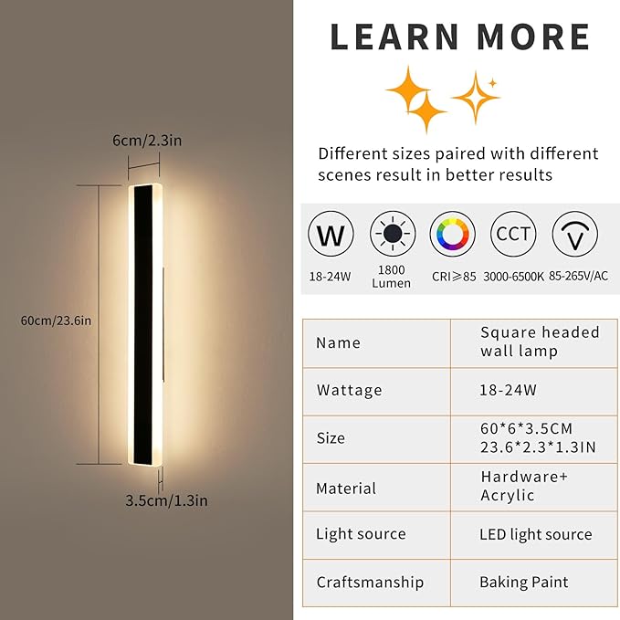 Mikeru 2pack 23.6inch Outdoor Wall Light Fixtures 10%-100% Dimmable Outdoor Wall Lights Exterior Front Porch Light 3000-6000k Wall Mounted Led Lighting for Basement ShopGarage Lighting