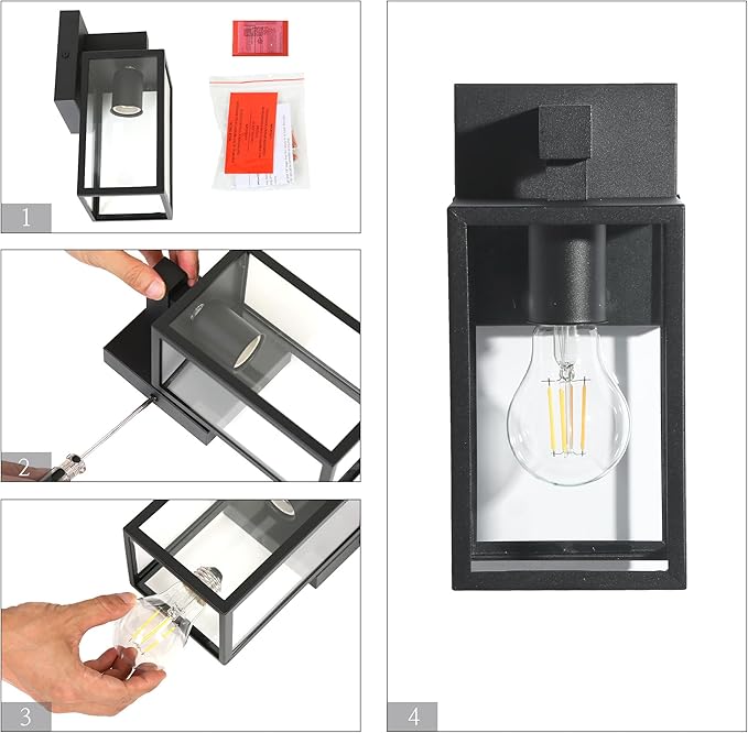 LALUZ Black Outdoor Wall Lights Modern Farmhouse Rectangle Porch Lights Outdoor Wall with Clear Glass Waterproof Anti-Rust Exterior Outside Sconce Lighting Light Fixtures for House Patio Garage