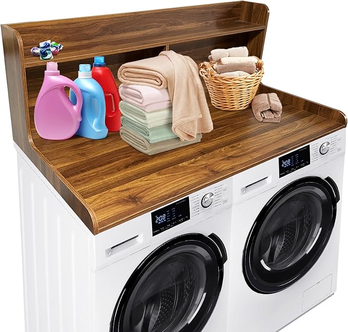 2 Tier Washer Dryer Countertop with Shelf54x27.5in Waterproof Wood Organizer Rack with StorageSpace-Saving Leader for Laundry RoomWalnut