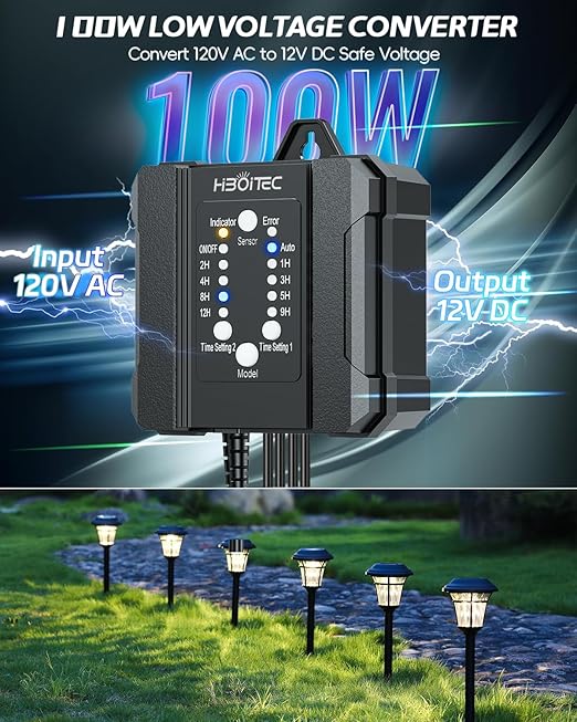 HIBOITEC 100W Low Voltage Landscape Transformer with 1-12H Timer and Photocell Sensor 120V AC to 12V DC Weatherproof Landscape Lighting Transformers for Outdoor LED Lights Spotlight Garden Light