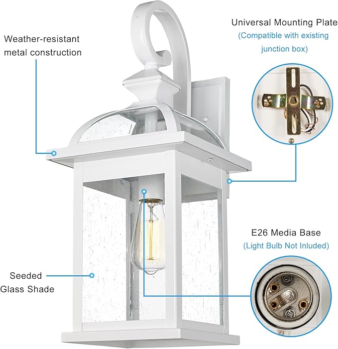 Darkaway Outdoor Lights Fixtures Wall Mount Large 22inch Outdoor Wall Sconce Lights with Seeded Glass Waterproof Outside Exterior Lights Fixture for House Front Porch Patio （Large White）