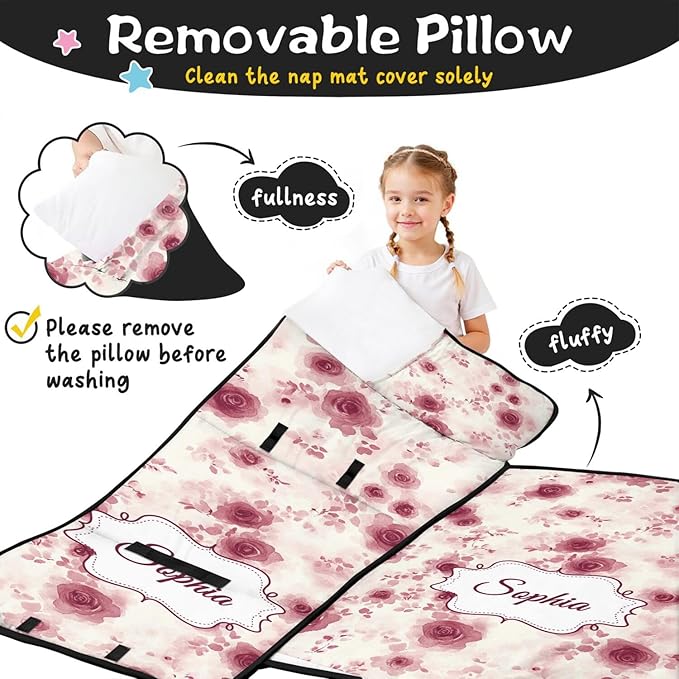 Custom Toddler Nap Mat with Name – Personalized Sleeping Bag for Kids with Pillow and Blanket Roll-Up Design