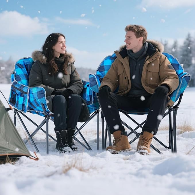 ABORON Oversized Outdoor Camping Chair with 3-Level Heating Portable Heated Folding ChairsBlue Plaid