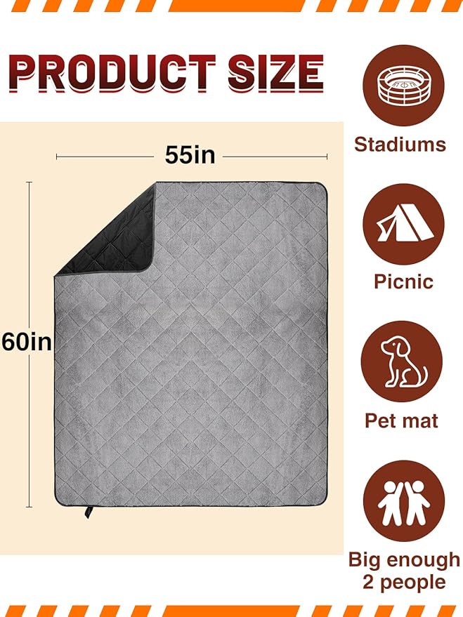 Aulock 55''W x 60''L Warm Outdoor Stadium Blanket Waterproof - Portable &amp Windproof Black Blanket with Sherpa Fleece Lining for Camping Winter Cold Weather