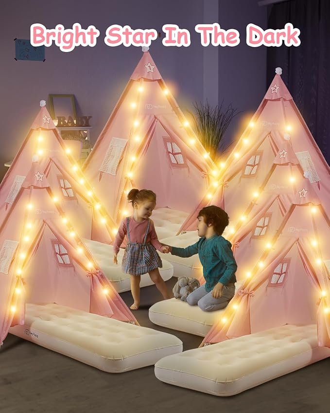 6 Pack Teepee Tent for Kids with Inflatable Airbed Light Toddler Tent Children Room Tents Slumber Party Sleepover Tents Indoor Outdoor Kids Playtent Playhouse for Girls &amp Boys