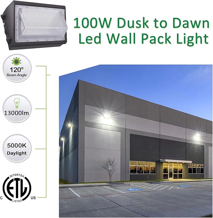 LED Wall Pack Light with Dusk to Dawn Photocell100W 13000LM 5000K Daylight AC100-277V Input500W HPS/HID Equivalent Waterproof Commercial Security Lighting for Warehouses GarageETL Listed