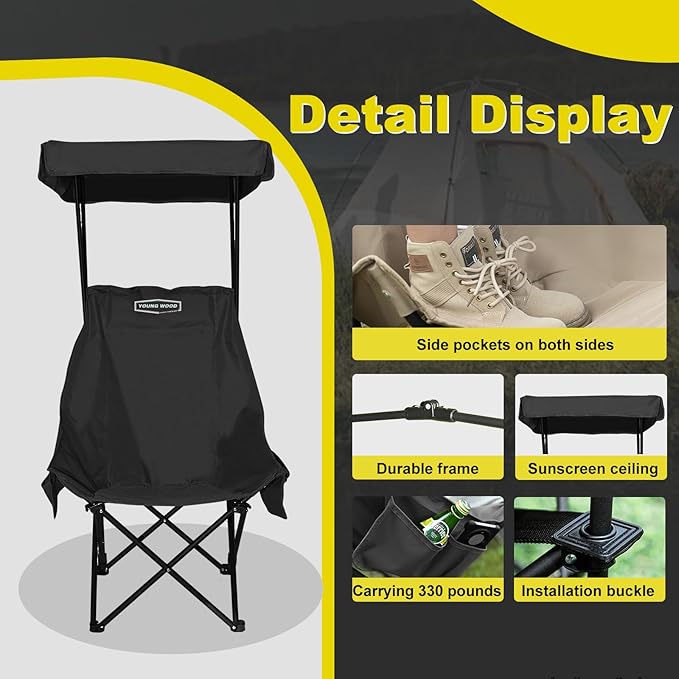 YOUNG WOOD Portable Camping Chair Beach Chair with Shade Canopy Fold Lightweight Oversized for All Easy to Open and Close Without Installation Side Pocket Design for All Outdoor Activities Black