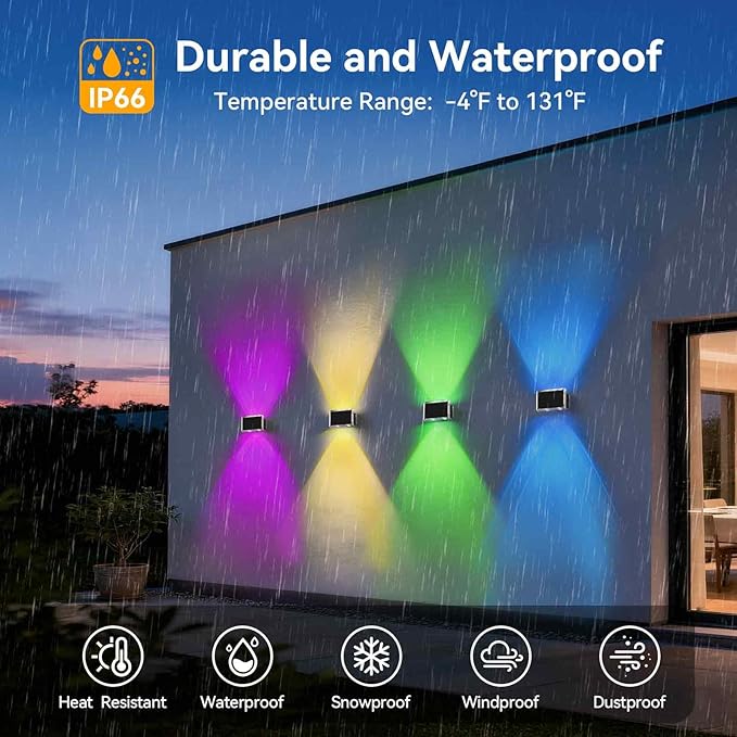 TECKNET Solar Fence Lights 6 Pack 8 Modes RGB Color Changing Up Down Lights &amp 200°Wide Lighting IP66 Waterproof Dual-Lens LED Decorative Lights for Wall/Garden/Fence/Patio/Backyard