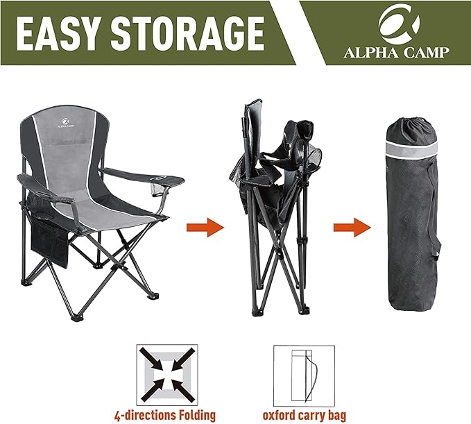 ALPHA CAMP Oversized Camping Folding Chair - Heavy Duty Steel Frame Support 350 LBS Collapsible Padded Arm With Cup Holder Quad Lumbar Back Portable for Outdoor/Indoor